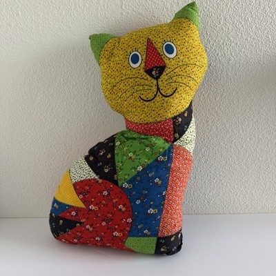Vtg 1970s Handcrafted 19'' Calico Patchwork Cat Folk Art Fabric Pillow