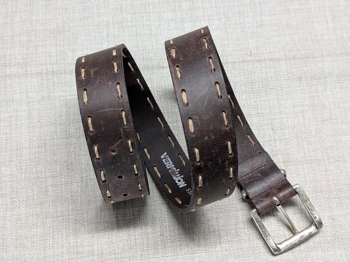 vintage STITCHED cowhide FULL GRAIN leather belt 32 brown 