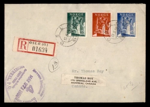DR WHO 1950 NORWAY FDC OSLO ANIV COMB REGISTERED TO CANADA w29611