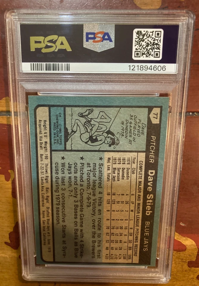 PSA 6 EX-MT 1980 Topps Baseball Dave Stieb Rookie Card #77 Toronto Blue Jays - Image 2 of 2