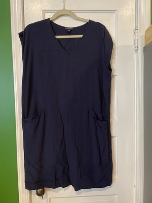 Eileen Fisher Women's Navy Blue V-Neck Shift Dress Pockets M