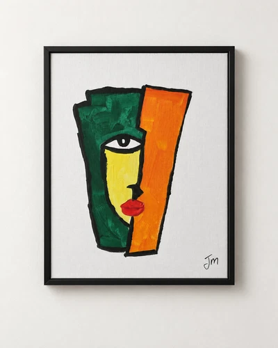 JOEWY MUMBA Cubist Face 9x12 Abstract Acrylic Green Orange Original Wall Art