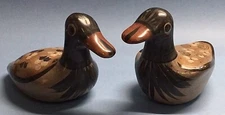 2 Mexican Tonala Pottery Ducks Birds Figurines Hand Painted Floral Mexico Vtg