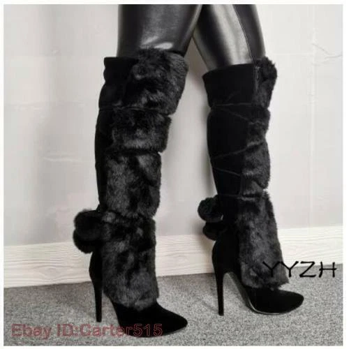 Womens Fur Decor Stilettos Pointed Over The Knee Thigh Boots Zipper Warm Outwear - Image 3 of 4