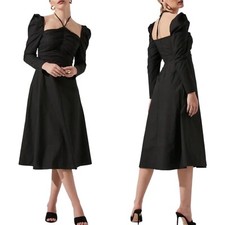 NEW ASTR The Label BLACK Cotton RUCHED Bodice PUFF SLEEVE Tie Neck MIDI DRESS XS