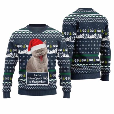 Cat I m the Reason Santa Has a Naughty List Ugly Christmas Sweater BG