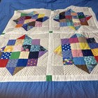 Vintage Handmade Quilt Patchwork Star Multi Color Scrap Boho Blue Backing Large — photo 1