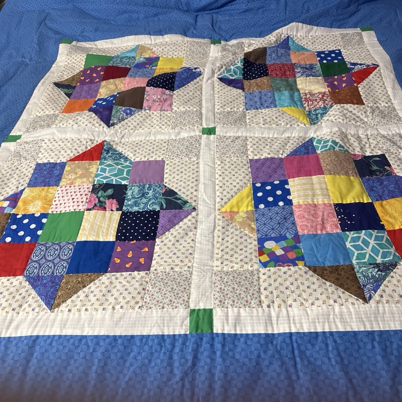 Vintage Handmade Quilt Patchwork Star Multi Color Scrap Boho Blue Backing Large