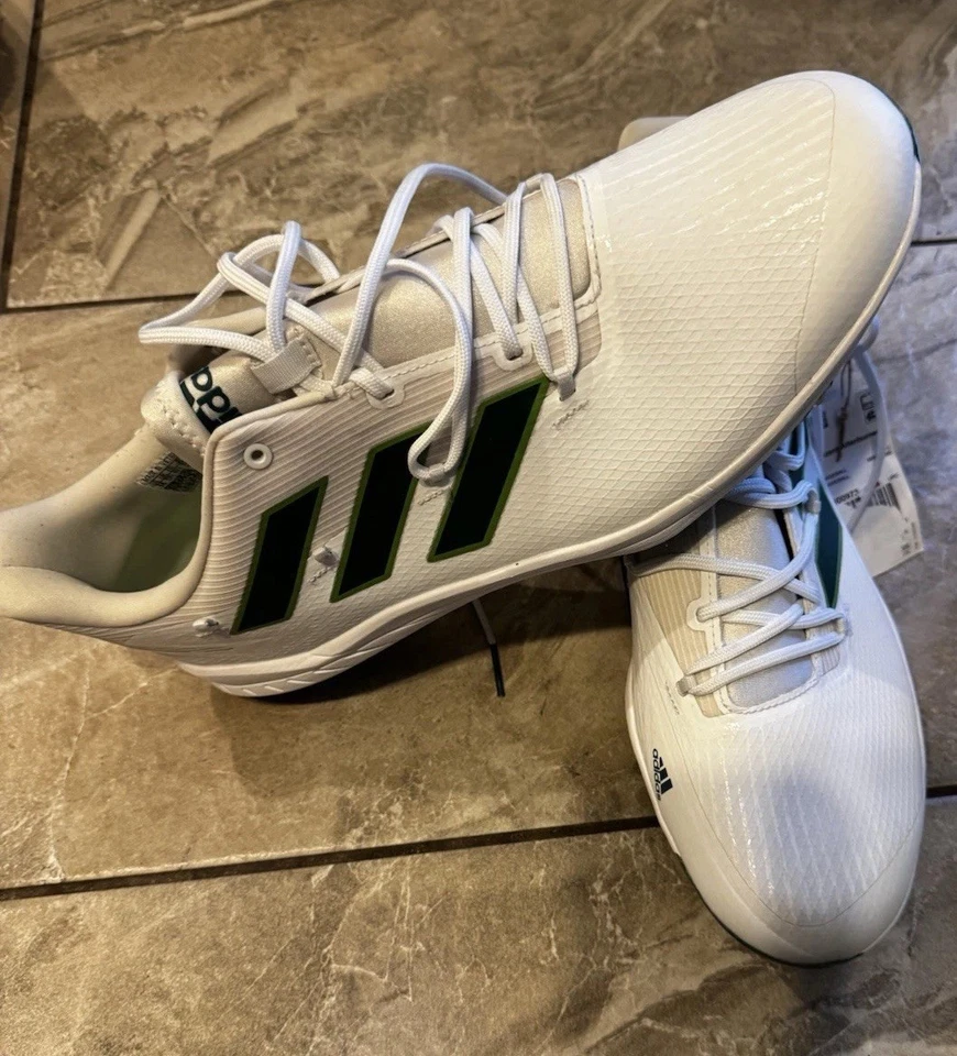NOVO Adidas Adizero Afterburner 8 beisebol masculino de metal branco/verde tamanho 14 H00973 - Imagem 2 de 4