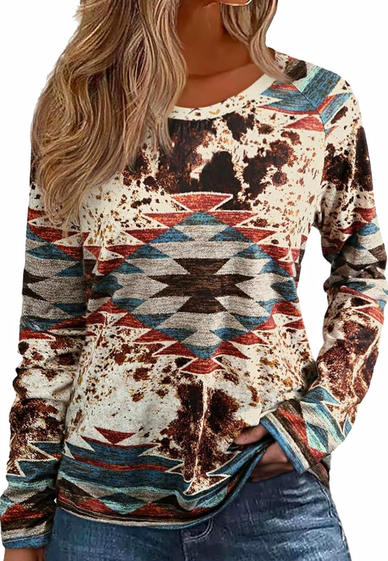 Ranlege Western Aztec Cow Print V-Neck Top - Size L (NWOT)