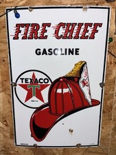 Plaque Emaille 1957 Texaco Fire Chief Gasoline Porcelain Pump Plate Sign USA Old