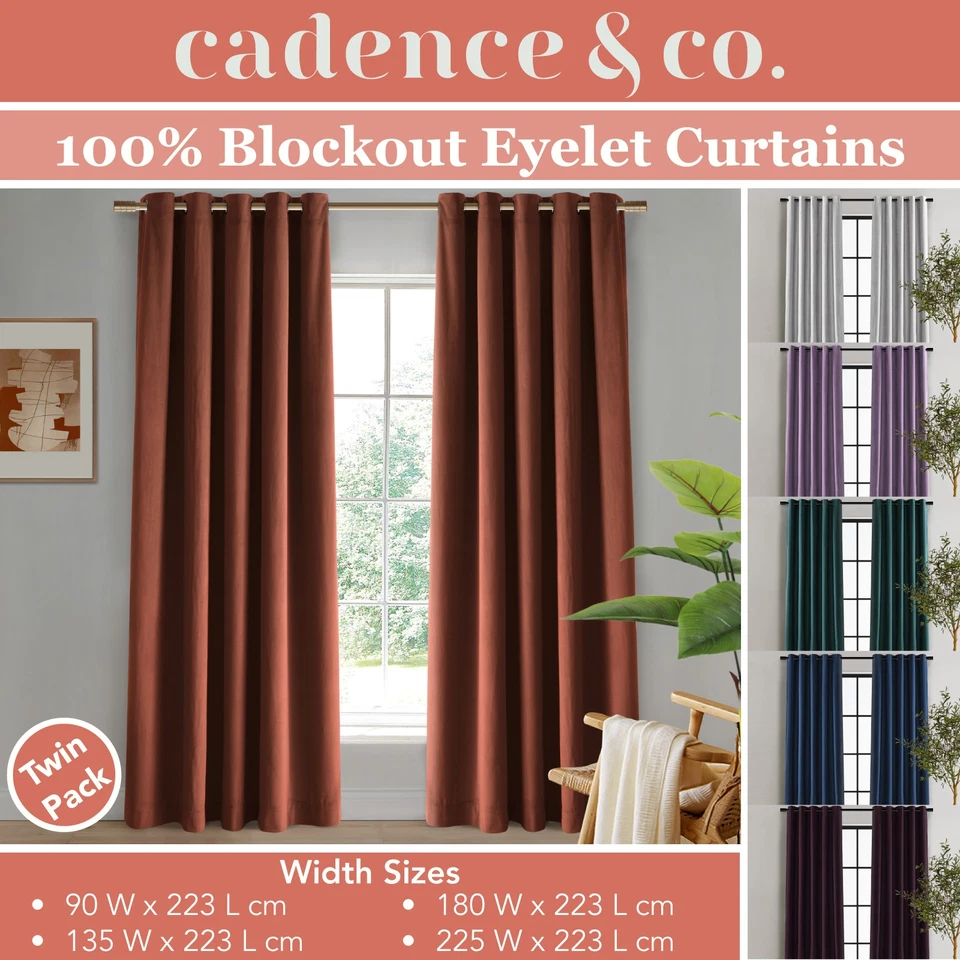 Cadence & Co Byron Luxury Matte Velvet 100% Blockout Eyelet Curtains Twin Pack