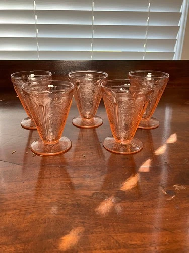 Cherry Blossom Pink by Jeanette - Five Vintage Footed Depression Glass Tumblers
