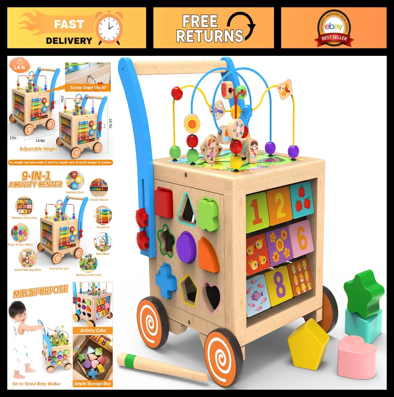 9-in-1 Wooden Activity Cube & Baby Walker | Sit-to-Stand Learning Toy, Adjustabl