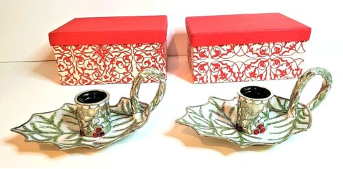 Set of 2 Glittered Enameled Holly Leaves and Berries Candlestick Holders - Picture 1 of 4