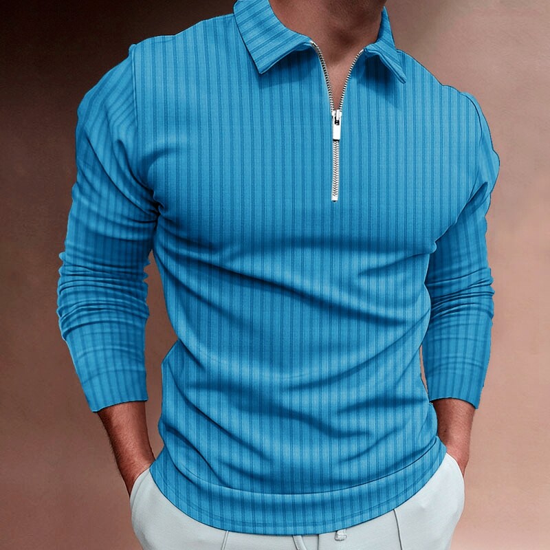 Polo Shirt Men Zipper Collar Long Sleeve Striped Blue Golf
