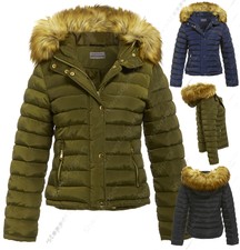 Size 8 10 12 14 Womens Faux Fur Quilted Jacket Lined Black Navy