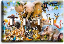 AFRICAN JUNGLE ANIMALS 4 GANG LIGHT SWITCH WALL PLATE BABY NURSERY ROOM HD DECOR