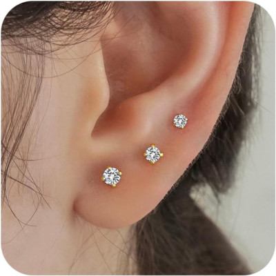 3 Pairs 14K Gold Stud Earrings for Women Hypoallergenic 925 Sterling Silver Post