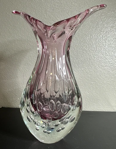 Vintage XL Heavy Murano Glass Pink Vase 15" H × 10”w
