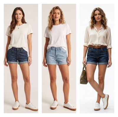 Damen High Waist Magic Denim Shorts Damen Stretch Sommer Knielange Hose