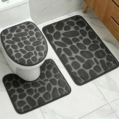 3PCS Stone Pattern Bathroom Rug Set Non Slip Absorbent Soft Bath Mat