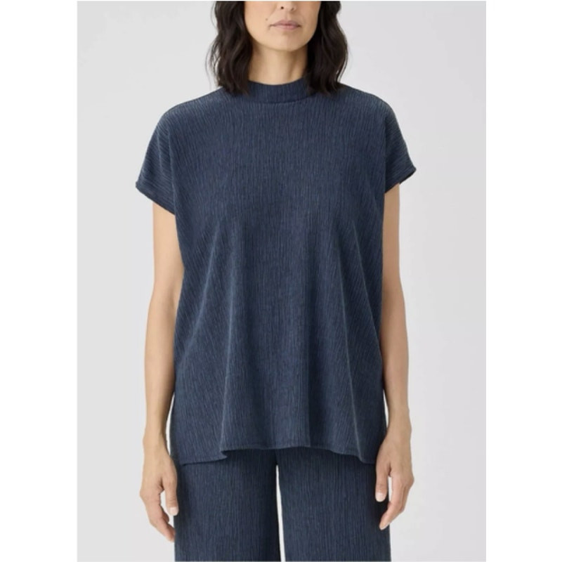 Eileen Fisher Teal-Blue Woven Plisse Mock Neck Top Crepe Tencel