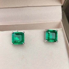 5.00 Ct Princess Cut Natural Emerald Earring 14k Solid White Gold Stud Earrings