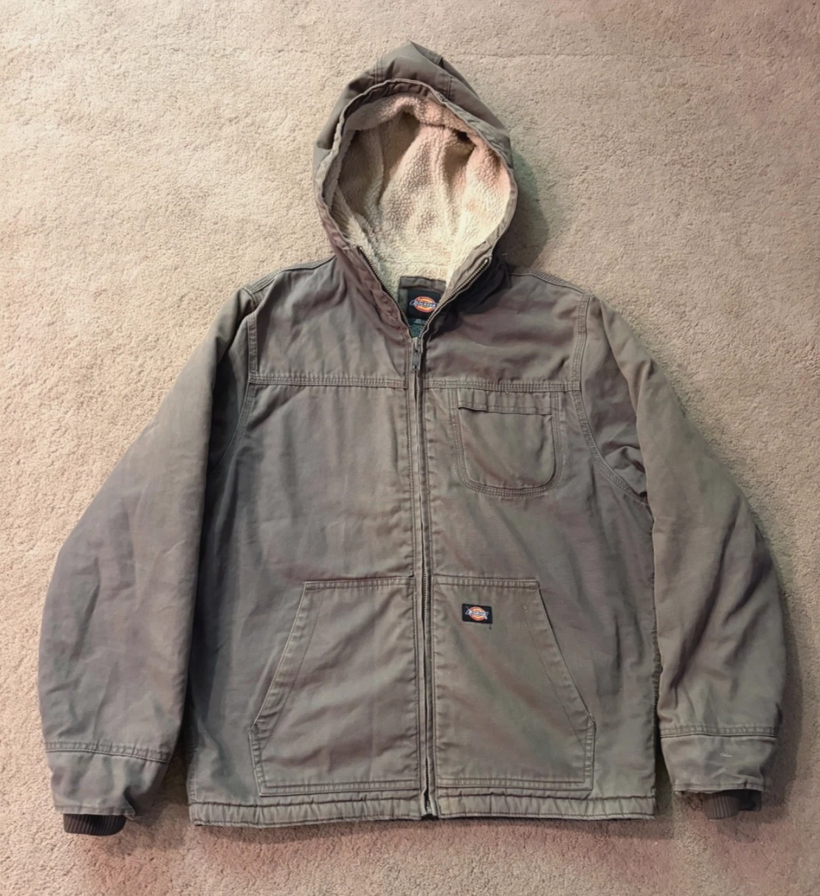 Dickies Jacket Mens Medium Green Duck Canvas Hooded Sherpa Lined Workwear