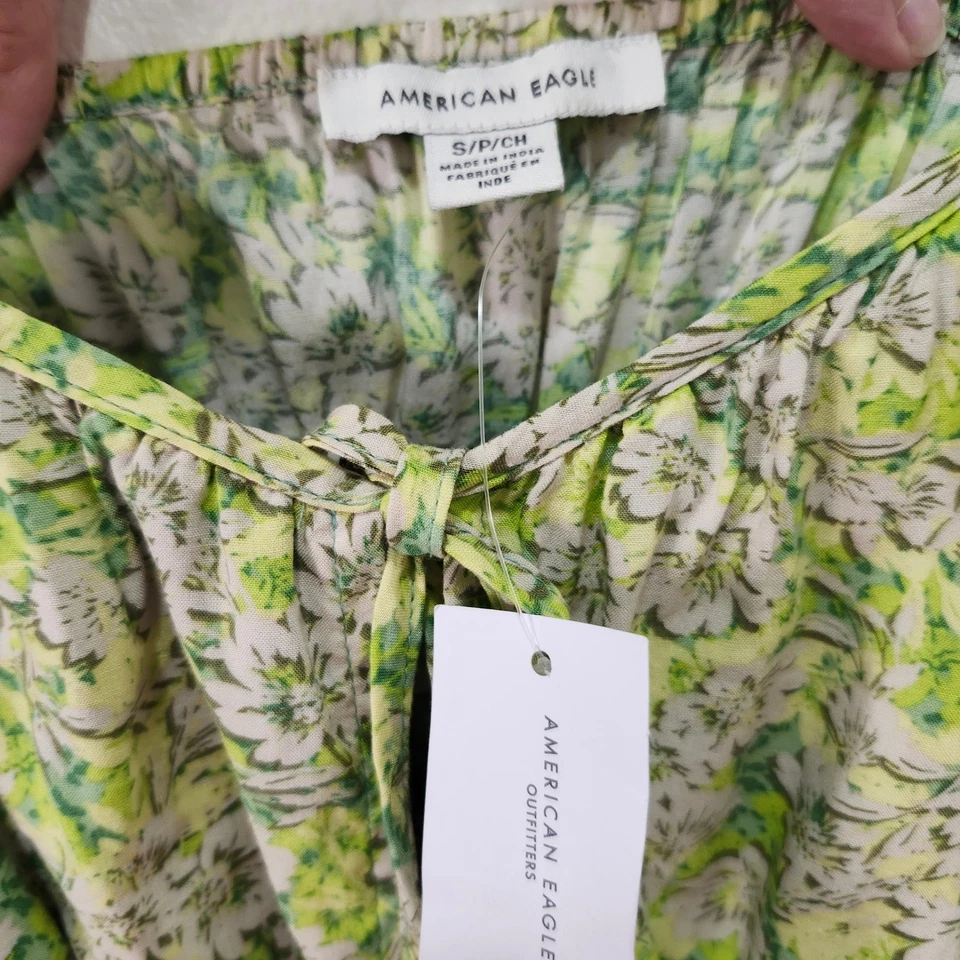 Vestido American Eagle AE Corbata Frontal Acanalado Pequeño Verde Floral Mini Forrado Lechera Foto 4 de 4