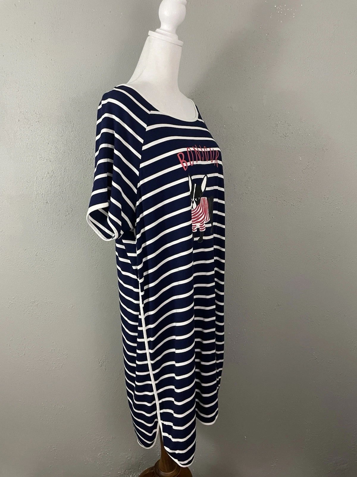 Camicia da notte Kate Spade maglia XL donna pigiama blu righe cane Paris Bonjour