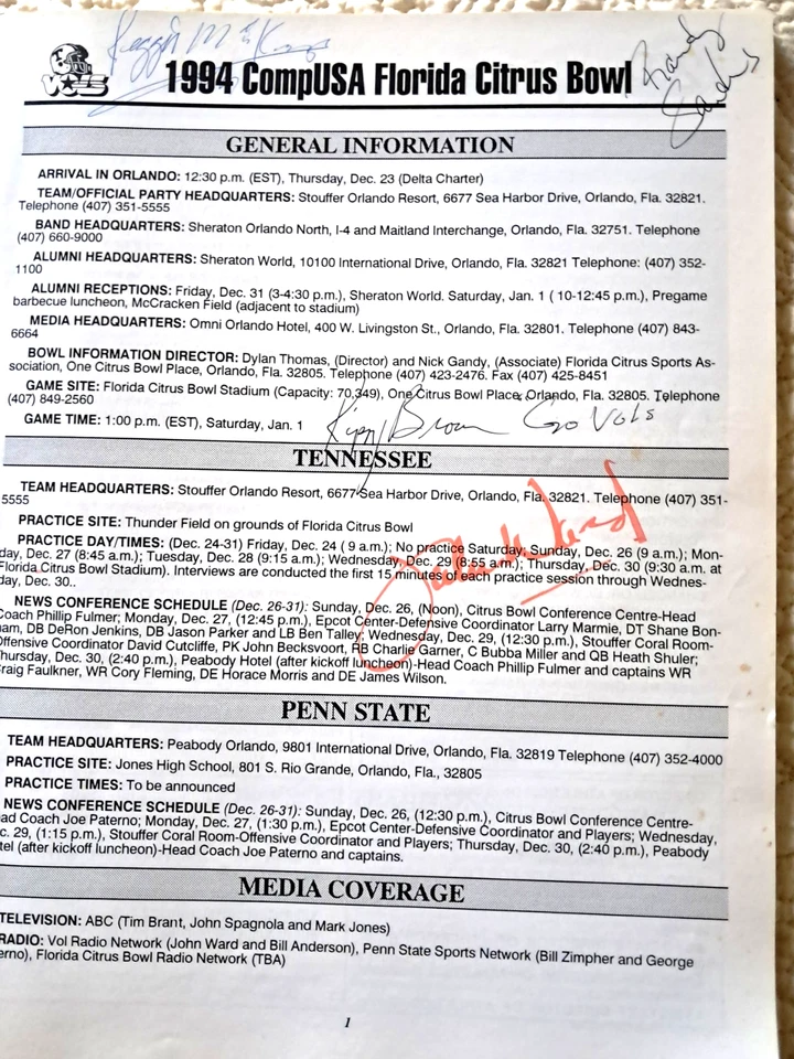 Very Rare 1994 Tennessee Vols Citrus Bowl Guide Many Famous Signers!! John Ward! - Image 3 of 4