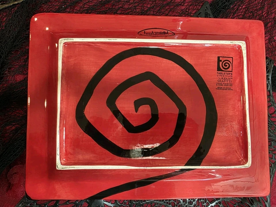 Urban Graffiti Spiral Platter 13x10 Tabletop Black And Red Hand Made And Painted - Image 4 of 4