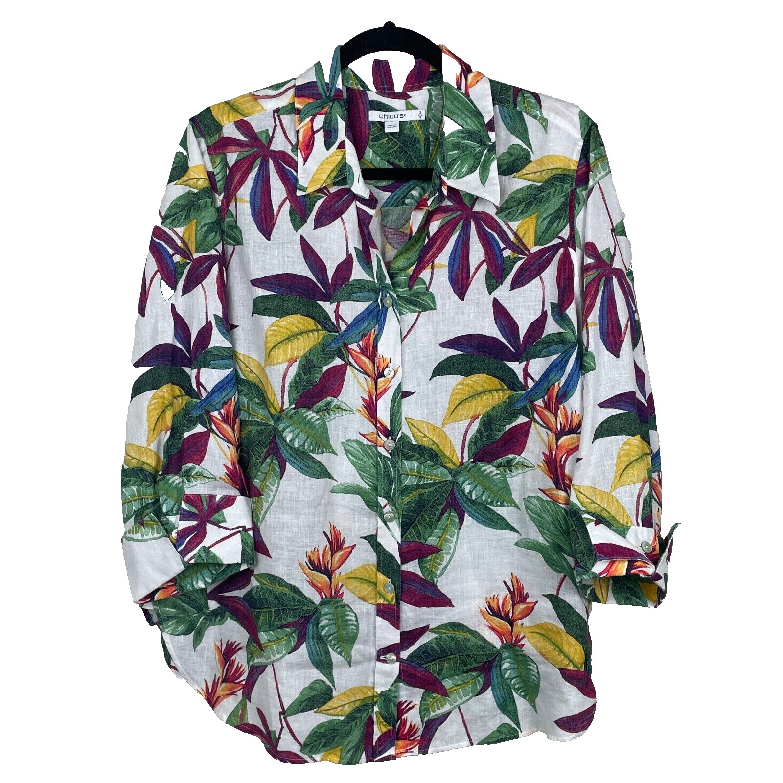 CHICO'S Tunic Top Size 12 or Large Blouse 100% Linen Floral 3/4 Sleeve Button Up