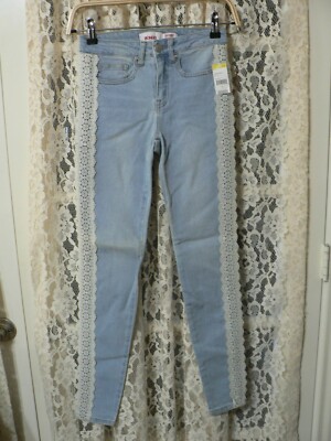 NWT BONGO SKINNY JUNIORS SZ 1 (24x28.5) JEANS-8.5'' RISE-LACE-STRTCH-DISTRESSED