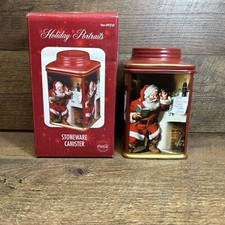 Vtg Coca Cola Holiday Portraits Green Stoneware Canister Santa Green Gold 2002