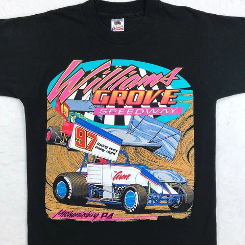 vtg 90s WILLIAMS GROVE SPRINT CAR RACING 2-SIDED T-Shirt XS/S mechanicsburg pa