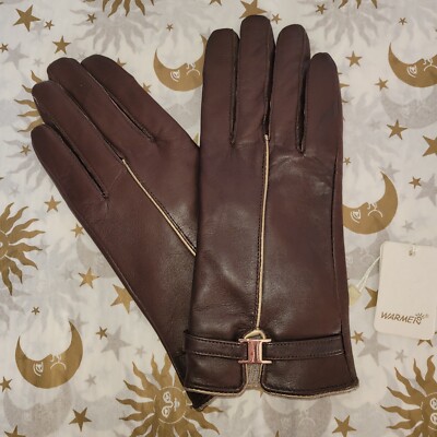 Warmei Lambskin Leather Gloves 100% Cashmere Lining Size 7.5 S Brown NWT
