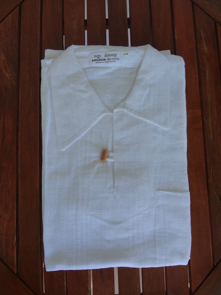 CHEMISE COL V MAO BLANC 100 % COTON manche courte marin Homme shirt Cambodge
