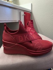 DKNY Womens Red Leya Platform Wedge Slip on Sneakers Athleisure Cosmic Logo 8