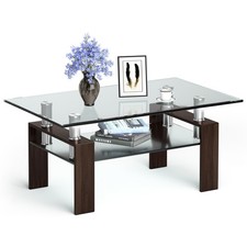 Modern Coffee Table w/ Tempered Glass Tabletop-Brown
