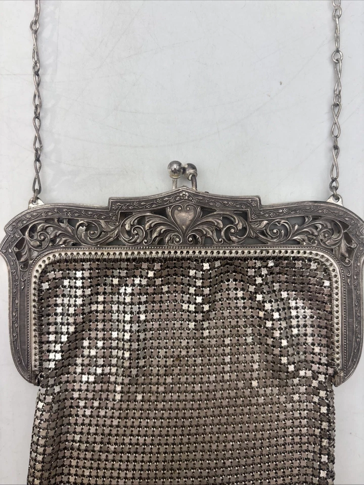 Vintage signierte Whiting & Davis Silber Netz Tasche Art Deco Flapper verzierte Handtasche - Bild 2 von 4