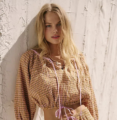 Free People Free-est Clara Plaid Blouse Top Printed Cropped Bubbled Drawcord XS