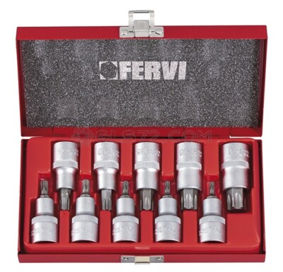 10 PC SOCKET STAR TORX BIT SET 12  DRIVE T20-T70 FERVI 0622