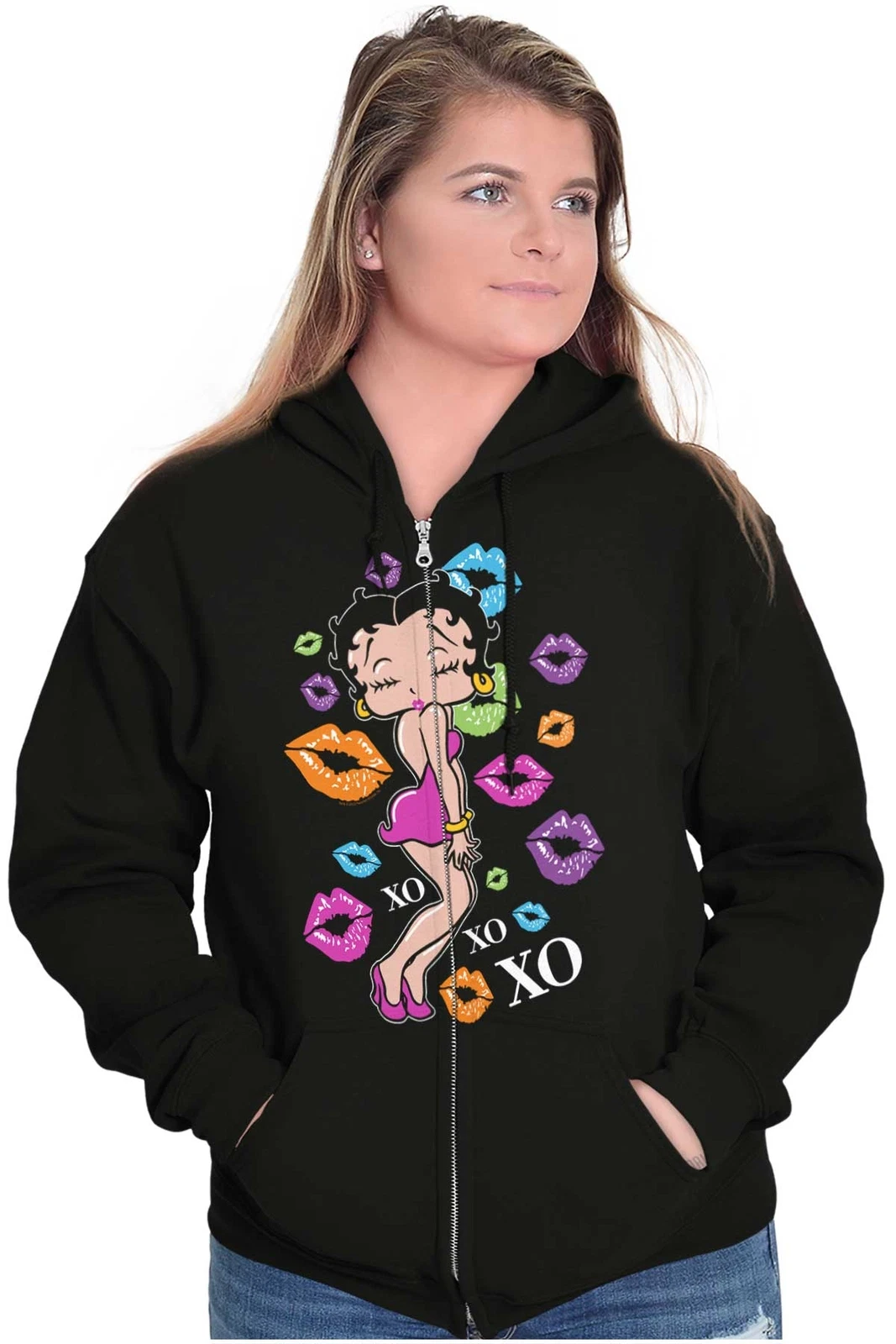 VALENTINO Felpa con cappuccio e zip Betty Boop retrò cartone animato arcobaleno XOXO baci da donna