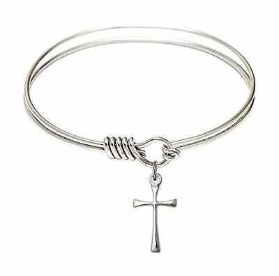 8 Inch Rhodium Plate Double Loop Bangle Bracelet with Square Cross Charm 