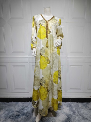 Elegant Women Dubai Jalabiya Gown Muslim Printed Dress V-neck Abaya Kaftan S-2XL - Picture 25 of 30