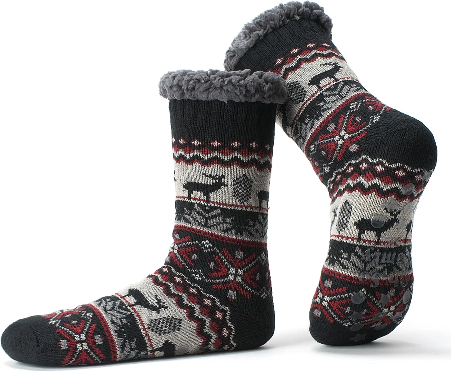 Men's Slipper Socks with Non-Slip Grippers, Thermal Fuzzy Warm Sherpa Lining, Co