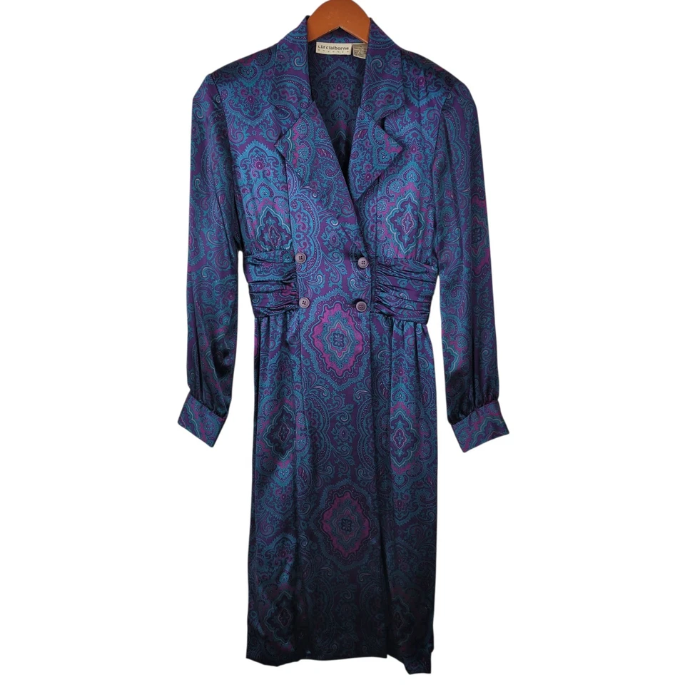 Vintage Liz Claiborn 100% Silk Shirt Dress Size 6 Teal Blue Purple Royalcore - Image 2 of 4