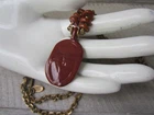 Vintage MIRIAM HASKELL Red Art Glass Bead Pendant 24" Brass Chain NECKLACE